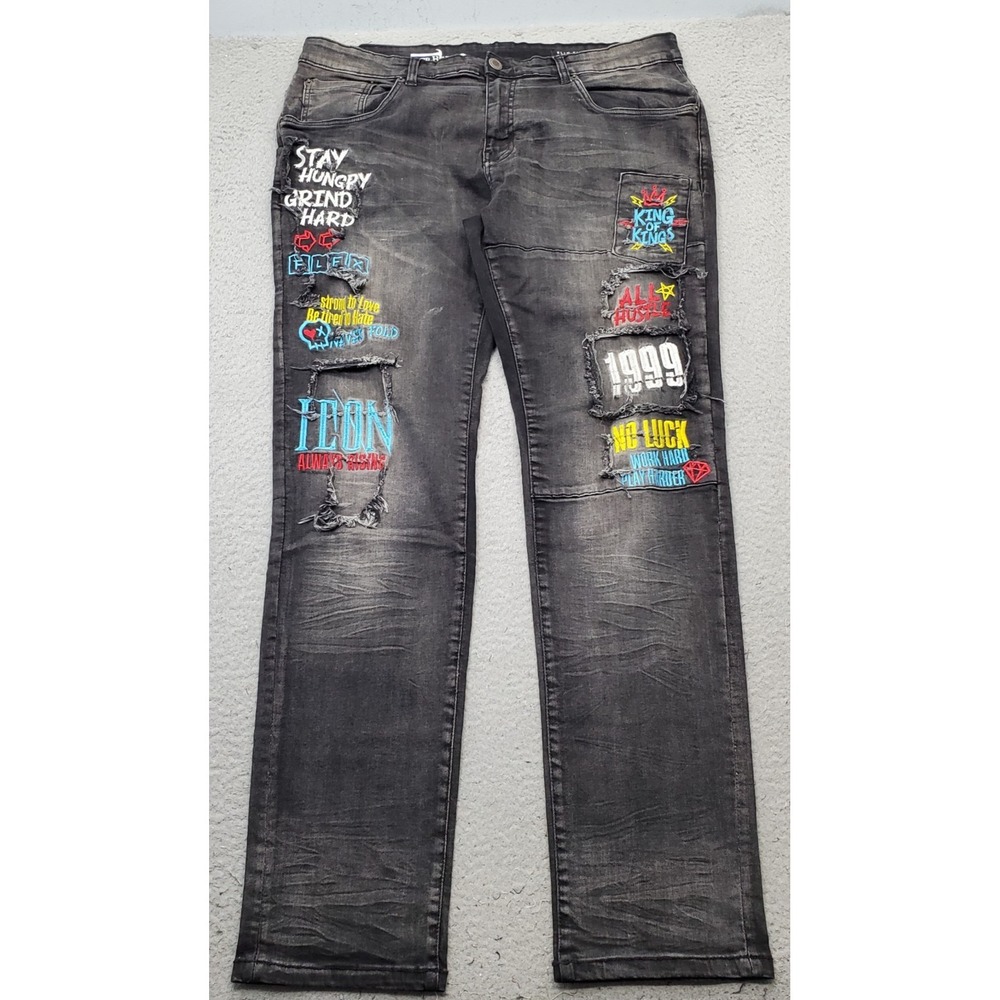 Copper Rivet Jeans Mens 38/34 Multi Denim Slim Fit Embroidered Patchwork Street
